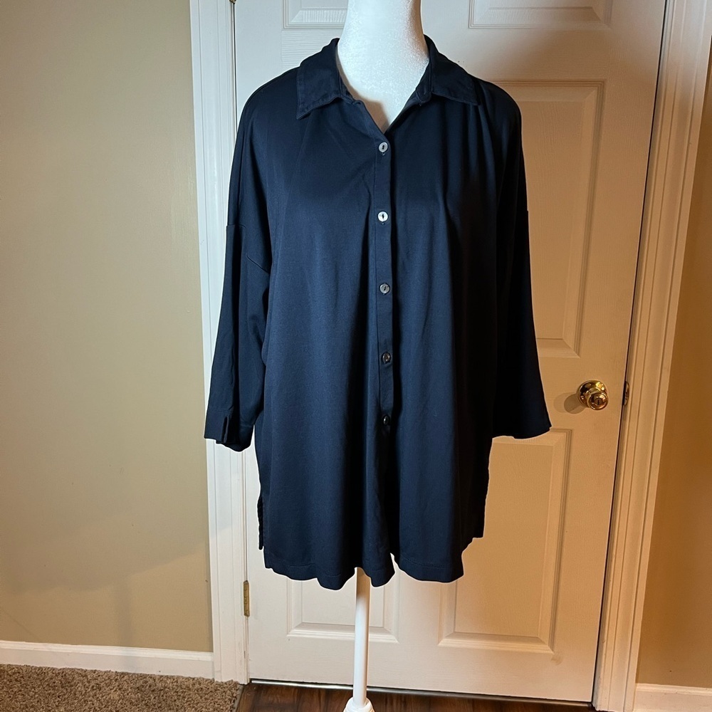 J. Jill Womens Size XL Oversized Blouse Navy Blue Button Up Tunic 3/4 Sleeve